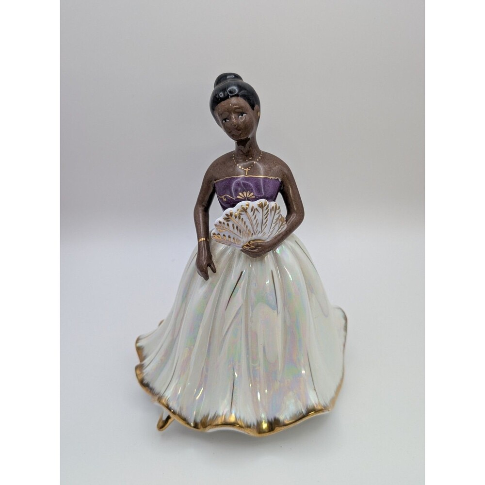 Vintage African American Victorian Lady Figurine Porcelain Purple Fan Gold Trim